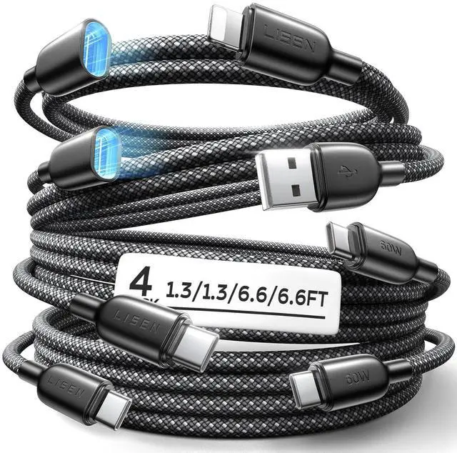 Main image of USB C Cable to Lighting Fast 4 in 1 Multi Charging Cable [4 Pack] 2*USB C to USB C 6.6FT 1*Lighting Extension Cable+1*C Female to USB A 1.6FT for iPhone 16/15/14 Pro max  S25/24/23