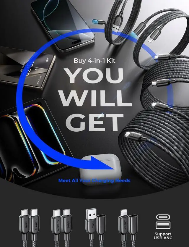 Alt view image 2 of 7 - USB C Cable to Lighting Fast 4 in 1 Multi Charging Cable [4 Pack] 2*USB C to USB C 6.6FT 1*Lighting Extension Cable+1*C Female to USB A 1.6FT for iPhone 16/15/14 Pro max  S25/24/23