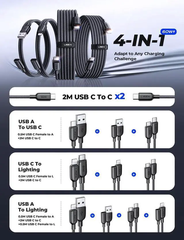 Alt view image 3 of 7 - USB C Cable to Lighting Fast 4 in 1 Multi Charging Cable [4 Pack] 2*USB C to USB C 6.6FT 1*Lighting Extension Cable+1*C Female to USB A 1.6FT for iPhone 16/15/14 Pro max  S25/24/23