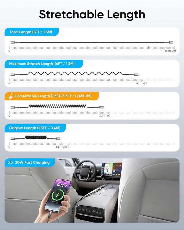 Alt view image 3 of 7 - USB C to Lightning Cable [1.3FT-3FT] 2 Pack MFi Certified Coiled USB-C to Lightning Cable for Car iPhone Charger Cord Compatible with iPhone 14/13/12/11 Pro Max Mini X XS XR SE iPad/Carplay