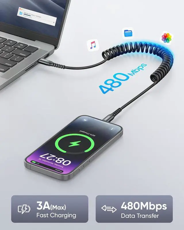 Alt view image 5 of 7 - USB C to Lightning Cable [1.3FT-3FT] 2 Pack MFi Certified Coiled USB-C to Lightning Cable for Car iPhone Charger Cord Compatible with iPhone 14/13/12/11 Pro Max Mini X XS XR SE iPad/Carplay