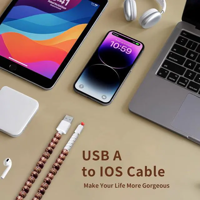 Alt view image 5 of 7 - for iPhone Charging Cord 3.3FT Cute Beaded Phone Charger Cable [MFi Certified] 66W Fast Charger Cord USB A Charging Cable for iPhone 14 13 12 11 Pro Max 8 7 6 Plus iPad Pro/Air/Mini Wooden