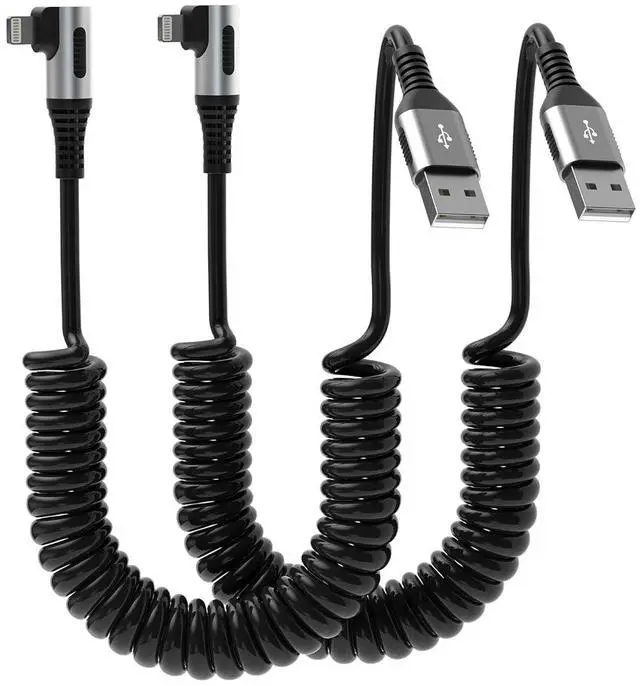 Main image of 90 Degree Coiled Lightning Cable 2 Pack iPhone Charger Cable for  Carplay [MFi Certified] USB Fast Charging Coiled Lightning Cable Right Angle Compatible with iPhone/iPad/iPod/Car