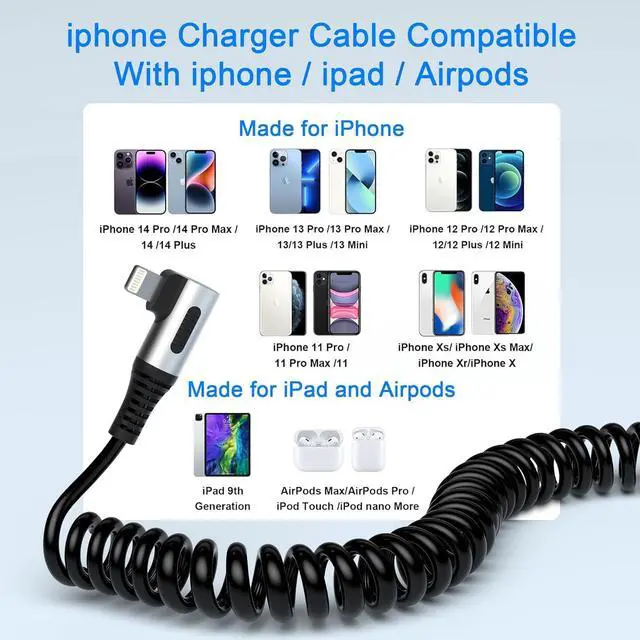 Alt view image 2 of 7 - 90 Degree Coiled Lightning Cable 2 Pack iPhone Charger Cable for  Carplay [MFi Certified] USB Fast Charging Coiled Lightning Cable Right Angle Compatible with iPhone/iPad/iPod/Car