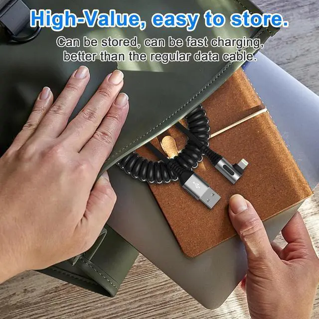 Alt view image 6 of 7 - 90 Degree Coiled Lightning Cable 2 Pack iPhone Charger Cable for  Carplay [MFi Certified] USB Fast Charging Coiled Lightning Cable Right Angle Compatible with iPhone/iPad/iPod/Car