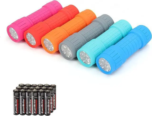 Main image of EverBrite 9-LED Flashlight 6-Pack Impact Handheld Torch Assorted Colors with Lanyard 3AAA Battery Included (Hurricane Supplies, Camping, Hiking, Emergency, Hunting)