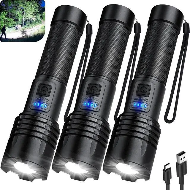 Main image of 3 Pack Rechargeable Flashlights 9000 High Lumens Super Bright LED Flash Light with 3 Light Modes High Power Flashlight with Charging Cables IPX7 Waterproof for Camping Outdoor Home