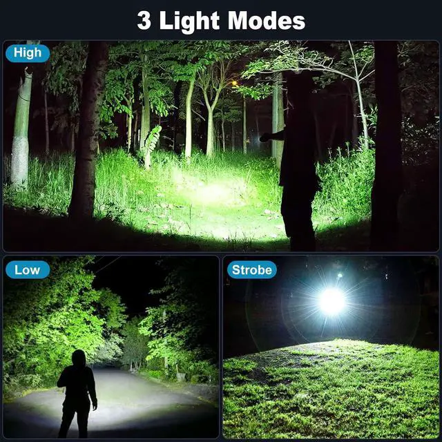 Alt view image 6 of 7 - 3 Pack Rechargeable Flashlights 9000 High Lumens Super Bright LED Flash Light with 3 Light Modes High Power Flashlight with Charging Cables IPX7 Waterproof for Camping Outdoor Home