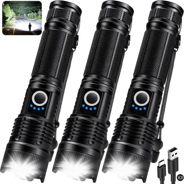 Main image of 3 Pack Flashlights High Lumens - 90 000 Lumen Super Bright Rechargeable Flashlight with 5 Light Modes High Powered 5000 ?Ah LED Flash Light for Home IPX7 Waterproof for Camping
