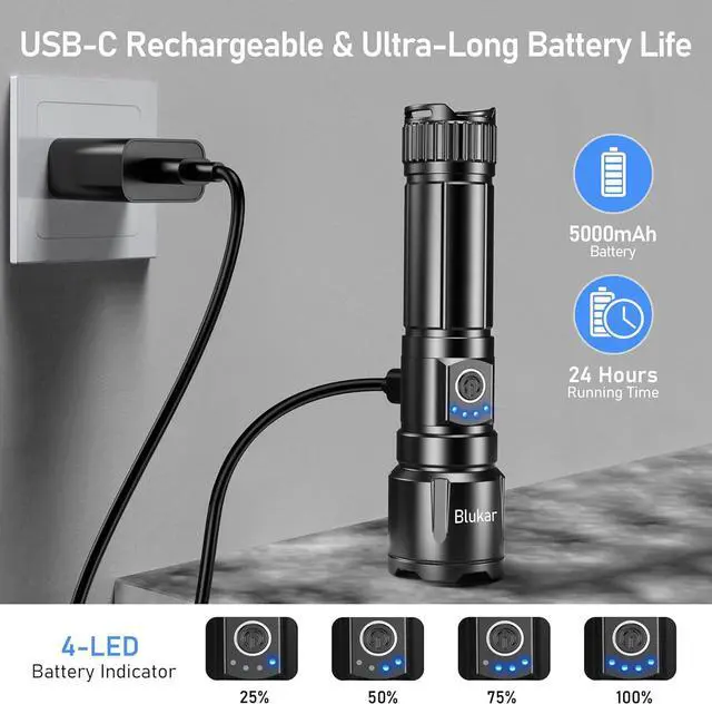 Alt view image 6 of 7 - Rechargeable Flashlight High Lumens Super Bright LED Powerful Tactical Torch - 5 Light Modes Zoomable Long Lasting Waterproof Handheld Flash Light for Emergency Camping Hiking
