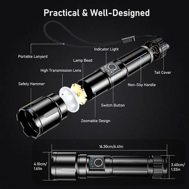 Alt view image 7 of 7 - Rechargeable Flashlight High Lumens Super Bright LED Powerful Tactical Torch - 5 Light Modes Zoomable Long Lasting Waterproof Handheld Flash Light for Emergency Camping Hiking