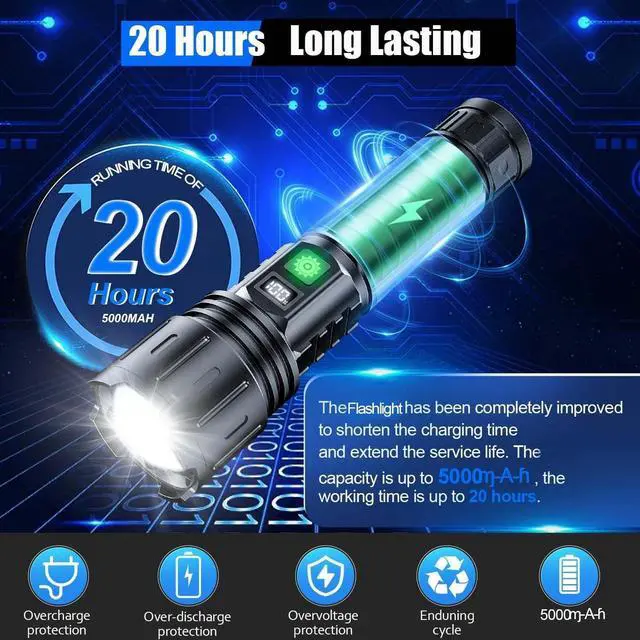 Alt view image 4 of 7 - Flashlights High Lumens Rechargeable - 2000 Lumens Long Beam Super Bright LED Flash Light with Power Display & IPX5 Waterproof for Camping 20H Runtime 5 Modes Zoomable Handheld Flashlight
