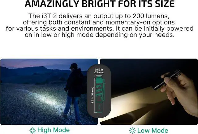 Alt view image 3 of 7 - I3T 2 EOS Pocket EDC Flashlight 200 Lumens Compact Bright Handheld Flash Lights Dual-Output Tail Switch with AAA Battery and Two-Way Pocket Clip for Camping and Hiking (Black)
