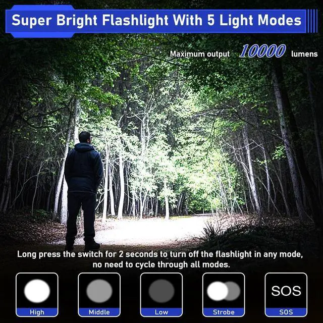 Alt view image 2 of 7 - High Lumen Flashlight - 10000 Lumens Rechargeable 5000mAh with LCD Display Zoomable Long Beam (3000m) IP67 Waterproof 5 Modes & Belt Clip - for Camping Dog Walking
