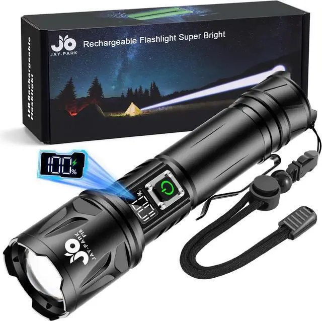Main image of High Lumen Flashlight - 10000 Lumens Rechargeable 5000mAh with LCD Display Zoomable Long Beam (3000m) IP67 Waterproof 5 Modes & Belt Clip - for Camping Dog Walking