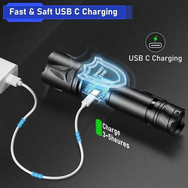 Alt view image 4 of 7 - High Lumen Flashlight - 10000 Lumens Rechargeable 5000mAh with LCD Display Zoomable Long Beam (3000m) IP67 Waterproof 5 Modes & Belt Clip - for Camping Dog Walking