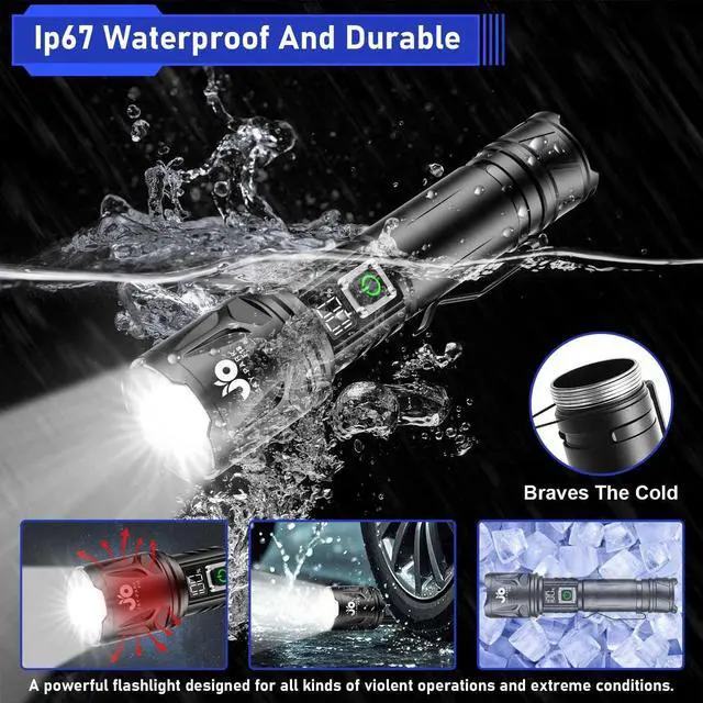 Alt view image 6 of 7 - High Lumen Flashlight - 10000 Lumens Rechargeable 5000mAh with LCD Display Zoomable Long Beam (3000m) IP67 Waterproof 5 Modes & Belt Clip - for Camping Dog Walking