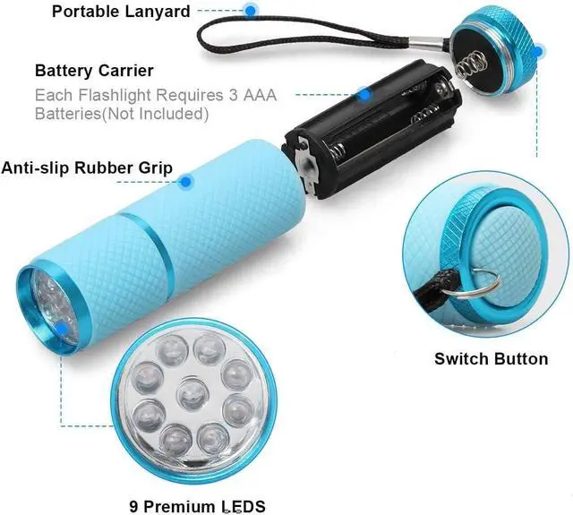 Alt view image 3 of 7 - 9 LED Glow in Dark Flashlights 4 Pack Rubber Coated Small Flashlights with Straps Portable Handy Lights for Camping Hiking Indoor Assorted Colors