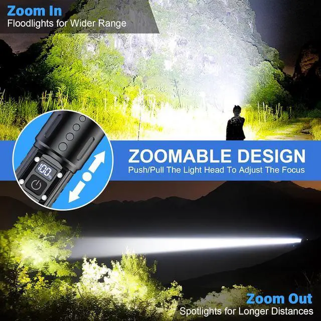 Alt view image 4 of 7 - Flashlights High Lumens Rechargeable - Super Bright Tactical LED Flash Light Dimmable&Memory Function Powerful Waterproof Flashlight for Camping 6 Modes Zoomable LCD Display (2 Black)