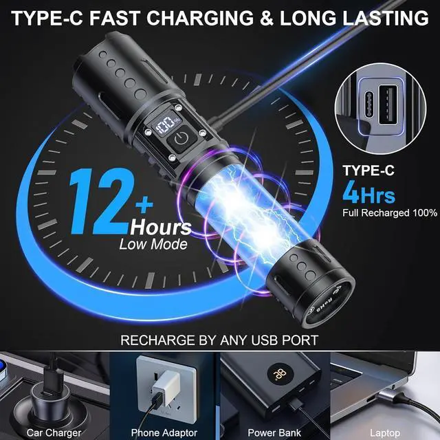 Alt view image 5 of 7 - Flashlights High Lumens Rechargeable - Super Bright Tactical LED Flash Light Dimmable&Memory Function Powerful Waterproof Flashlight for Camping 6 Modes Zoomable LCD Display (2 Black)