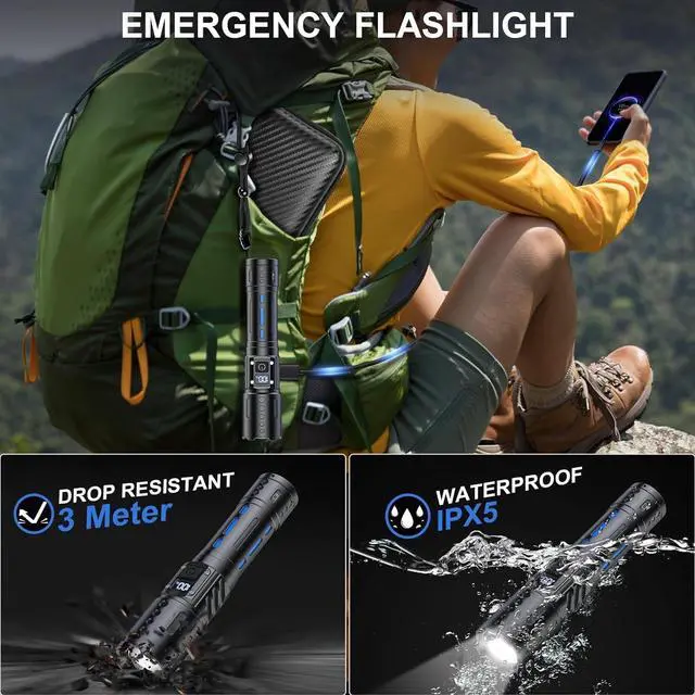 Alt view image 6 of 7 - Flashlights High Lumens Rechargeable - Super Bright Tactical LED Flash Light Dimmable&Memory Function Powerful Waterproof Flashlight for Camping 6 Modes Zoomable LCD Display (2 Black)