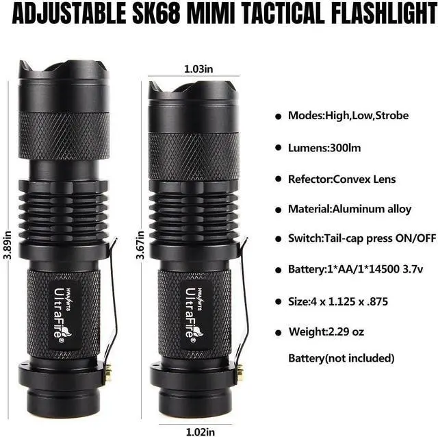 Alt view image 7 of 7 - 3 Pack Mini Flashlights Focus Adjustable SK68 Single Mode Tactical LED Flashlight Ultra Bright 300 Lumens Torch