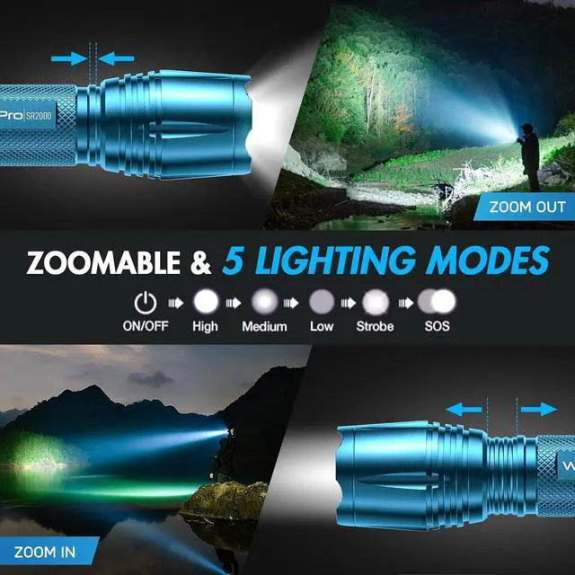 Alt view image 3 of 7 - LED Flashlight High Lumens SR2000 Pro 4 Pack Brighter Tactical Flashlights with 5 Modes & Zoomable Powerful Mini Flash Light for Emergency Camping Hiking (Colorful)
