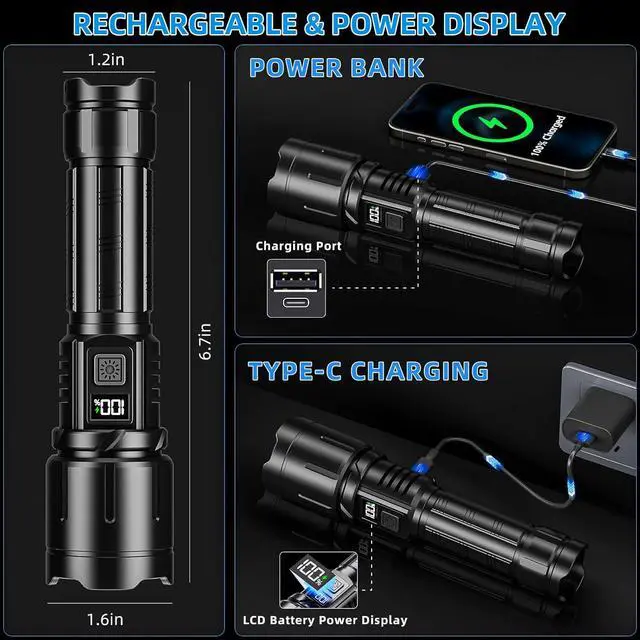 Alt view image 5 of 7 - Rechargeable Flashlight 3000 High Lumens LED Super Bright Flash Light Tactical Flashlights with LCD Power Display 6 Lighting Modes Waterproof Brightest Flashlight for Emergencies Camping