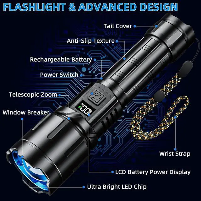 Alt view image 7 of 7 - Rechargeable Flashlight 3000 High Lumens LED Super Bright Flash Light Tactical Flashlights with LCD Power Display 6 Lighting Modes Waterproof Brightest Flashlight for Emergencies Camping