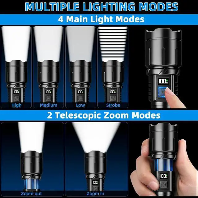 Alt view image 6 of 7 - Rechargeable Flashlight 3000 High Lumens LED Super Bright Flash Light Tactical Flashlights with LCD Power Display 6 Lighting Modes Waterproof Brightest Flashlight for Emergencies Camping