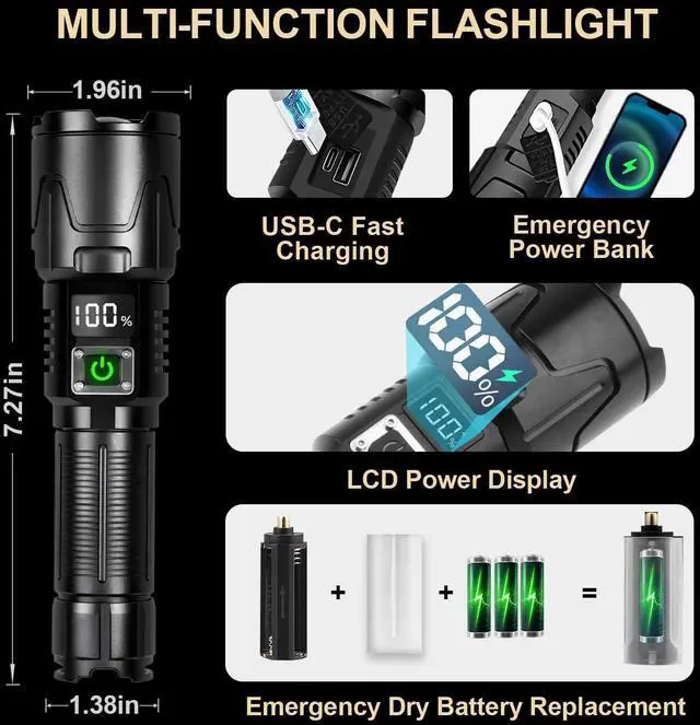 Alt view image 5 of 7 - LED Rechargeable Tactical Flashlights High Lumens 1000000 Military Grade Aluminum Super Bright Flashlight Upgraded Removable 5000mAh 26650 Battery Waterproof Flashlight for Emergencies Camping