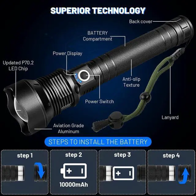 Alt view image 2 of 7 - Flashlights High Lumens Rechargeable 90 000 Lumens Super Bright Led Flashlight Flash Light with 5 Modes IPX6 Waterproof Handheld Powerful Flashlight for Camping Emergencies