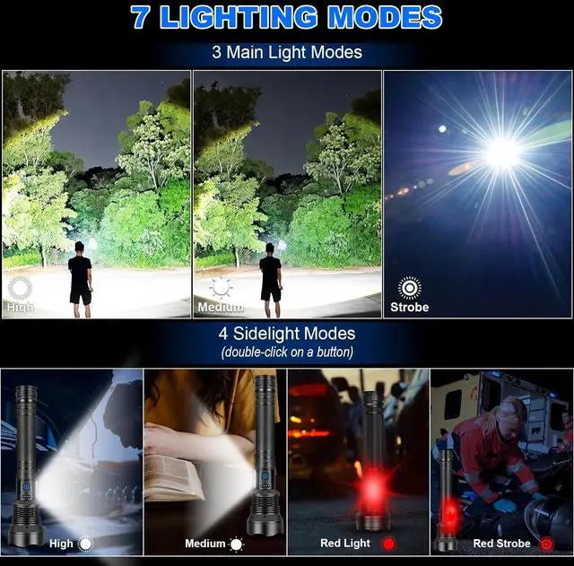 Alt view image 4 of 7 - Flashlights High Lumens Rechargeable 90 000 Lumens Super Bright Led Flashlight Flash Light with 5 Modes IPX6 Waterproof Handheld Powerful Flashlight for Camping Emergencies