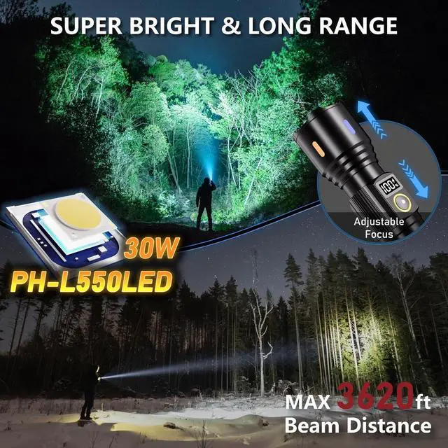 Alt view image 2 of 7 - Rechargeable Flashlights High Lumens 2000LM LED Super Bright Flash Light Strong Handheld Tactical Flashlight Adjustable High Powered Flash Lights 5-Mode Powerful Linternas for Emergencies Camping