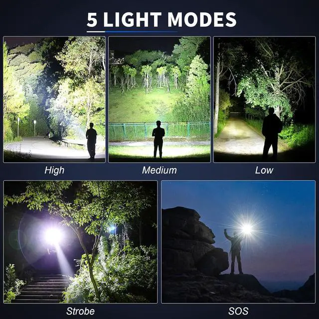 Alt view image 5 of 7 - Flashlights 990 000 High Lumens Super Bright LED Rechargeable Flashlight 5 Modes Waterproof Flash Light for Home Camping Hiking