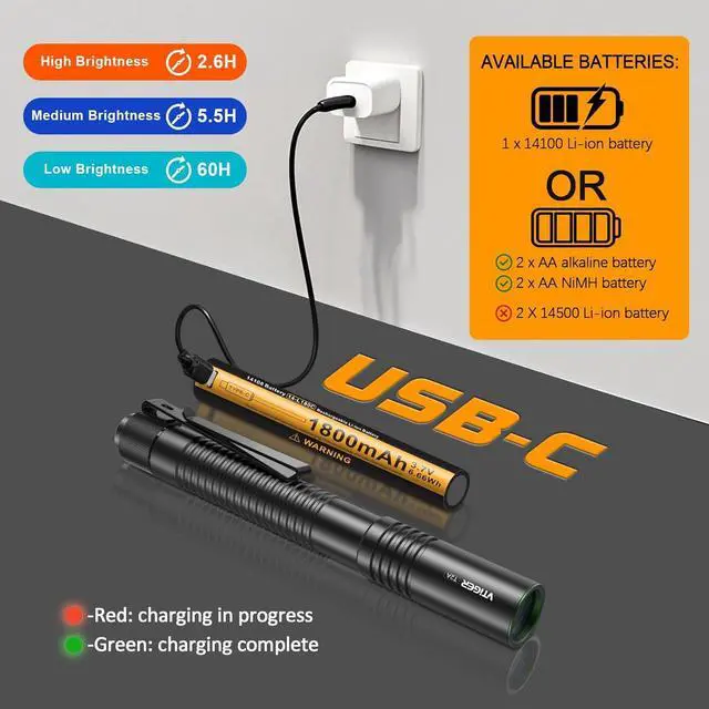 Alt view image 6 of 6 - T2A Compact EDC Flashlight 1500 High Lumens AA Rechargeable LED Flashlight Super Bright Small Tactical Tail Switch Pocket Pen Light with Magnet for Camping Hiking Outdoor Home Emergency