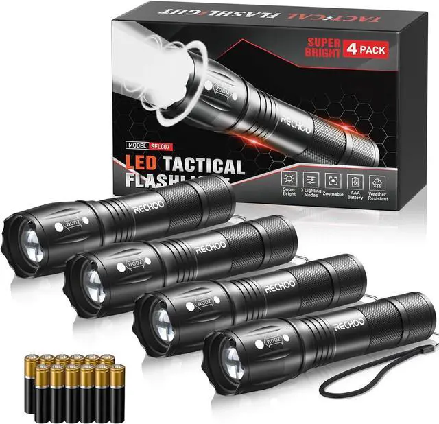 Main image of LED Flashlights High Lumens 4 Pack Powerful Tactical Flashlight With 3 Modes Pocket Small Flash Light Waterproof Zoomable Flashlights for Home Emergencies Camping Essentials (Battery Included)