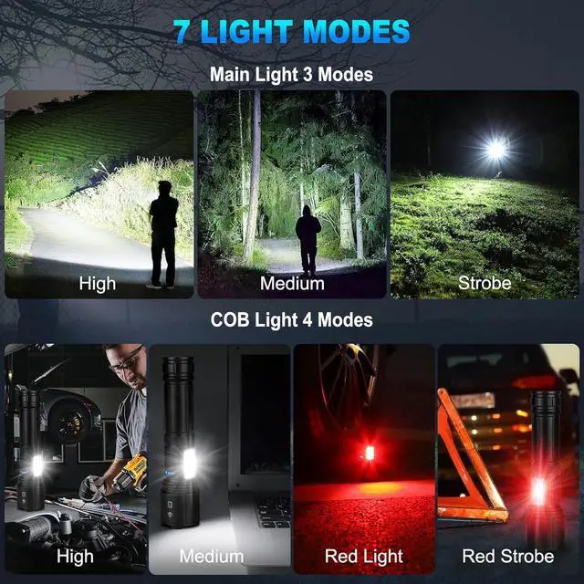 Alt view image 6 of 7 - Rechargeable LED Flashlights High Lumens 990 000 Lumens Super Bright Flashlight 7 Modes w/COB Work Light Powerful Flash Light for Outdoor Emergency Hiking Camping