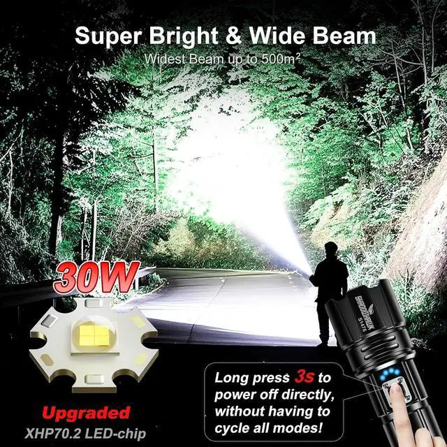 Alt view image 2 of 7 - Flashlight 2000 High Lumens Rechargeable - 30W Super Bright LED Flash Light | 5000ft Beam & 12H Long Lasting USB C High Powered Handheld Police Flashlight for Home Camping Hiking Emergency