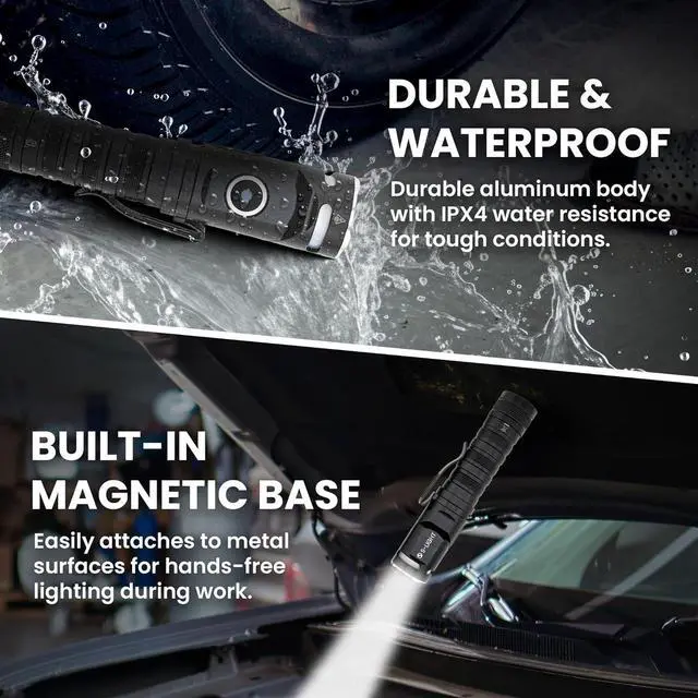 Alt view image 6 of 7 - Rechargeable Tactical Flashlight 1400LM Magnetic Base LED Light with Right Angle Head Pocket Flashlight for Work Camping & Emergency High Lumens Durable & Water-Resistant