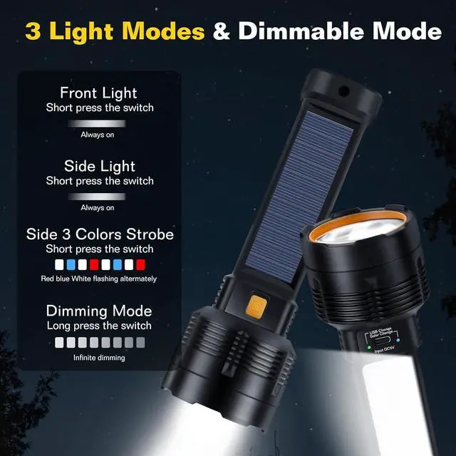 Alt view image 3 of 7 - 2 Pack LED Rechargeable Flashlight - 20000 Lumens Super Bright Tactical Flash Light Compact & Waterproof Long-Lasting Battery Solar Flashlights for Home Camping Hiking Emergencies Adventures