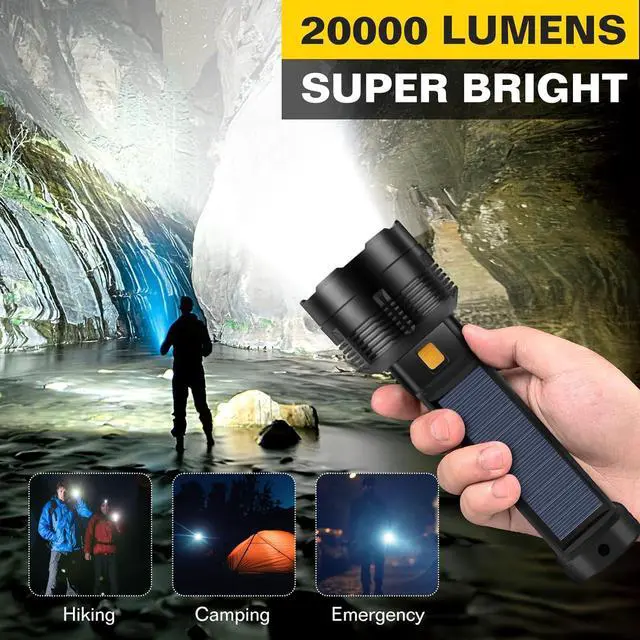 Alt view image 2 of 7 - 2 Pack LED Rechargeable Flashlight - 20000 Lumens Super Bright Tactical Flash Light Compact & Waterproof Long-Lasting Battery Solar Flashlights for Home Camping Hiking Emergencies Adventures