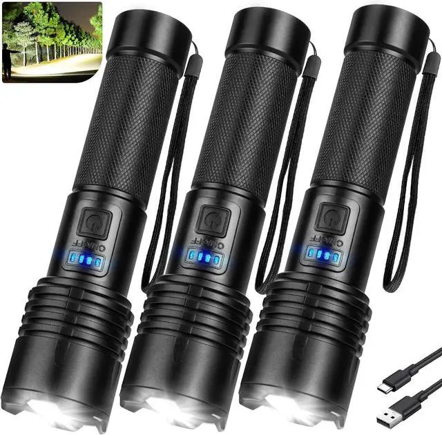 Main image of 3 Pack Rechargeable Flashlights High Lumens 90 000 Lumen Super Bright Led Flashlight with Adjustable 3 Modes & Power Display Brightest Handheld Waterproof Flash Lights for Home Camping Hiking