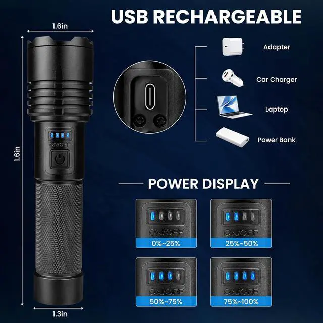 Alt view image 4 of 7 - 3 Pack Rechargeable Flashlights High Lumens 90 000 Lumen Super Bright Led Flashlight with Adjustable 3 Modes & Power Display Brightest Handheld Waterproof Flash Lights for Home Camping Hiking