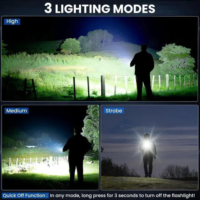 Alt view image 5 of 7 - 3 Pack Rechargeable Flashlights High Lumens 90 000 Lumen Super Bright Led Flashlight with Adjustable 3 Modes & Power Display Brightest Handheld Waterproof Flash Lights for Home Camping Hiking