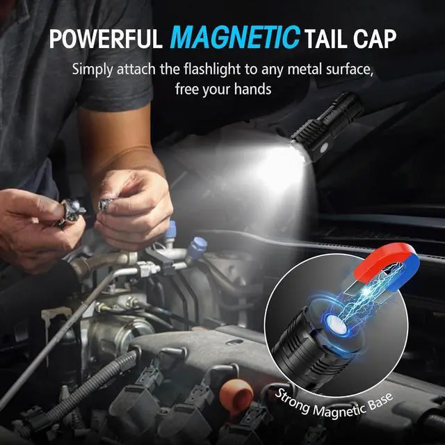 Alt view image 5 of 7 - Rechargeable Mini Flashlights with Magnetic Base 4 Pack Bright 3 LED Flash Lights Small EDC Flashlight with Belt Clip 4 Lighting Modes Portable Rechargeable Flashlights for Camping Home