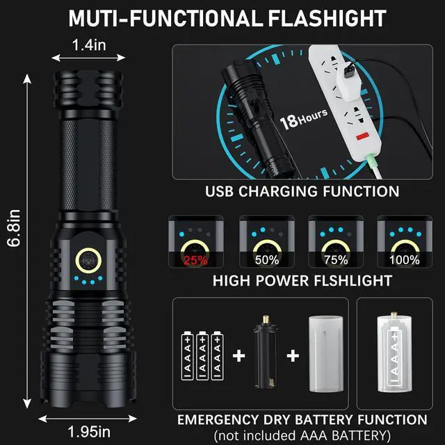 Alt view image 3 of 7 - Flashlights High Lumens Rechargeable 2Pack Rechargeable Flashlights 1000000lm Super Bright Flashlight 5Mode Tactical Zoomable Flashlights LED Flashlight High Powered Waterproof