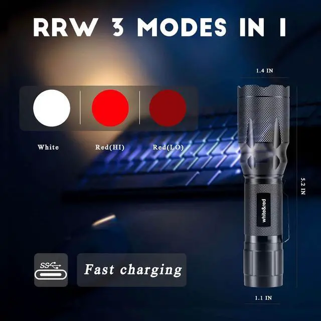 Alt view image 2 of 6 - Red Flashlight Rechargeable High/Low Red Light & White Light 3 Modes for Astronomy Aviation Night Observation