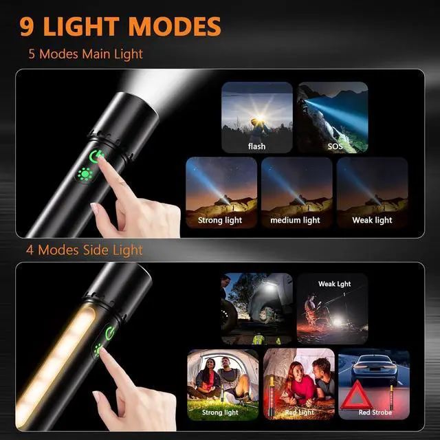Alt view image 4 of 7 - Rechargeable Led Flashlight High Lumens 30W Super Bright Flashlight 2000 Lumen Magnetic Flashlight with 9 Modes Waterproof Strong Police Flash Light for Emergencies Car Camping Hiking Home Outdoor