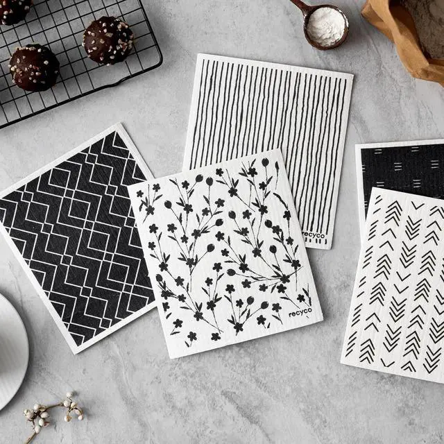 Alt view image 2 of 7 - Swedish Dishcloths for Kitchen | 5 Pack Geometric Washable Dish Rags | Cellulose Reusable Cleaning Paper Towels | Absorbent Counter Dish Cloth Sponge Kitchen Wipes 8 L x 7 W
